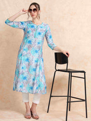 Blue Floral Digital Print with Lace work A-line Kurti